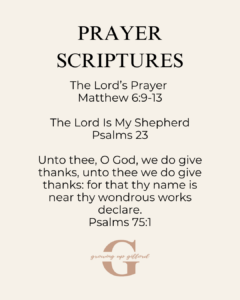 Prayer Scriptures:
The Lord's Prayer
Matthew 6:9-13
The Lord is my Shepherd
Psalms 23
Psalms 75:1